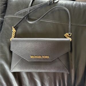 Michael Kors Black Saffiano Leather Crossbody Envelope Bag with Gold Hardware